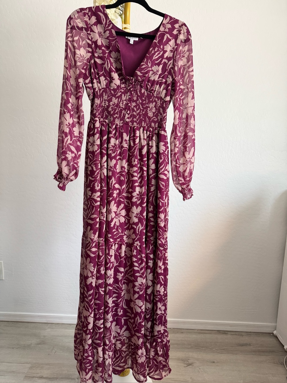 Patrons of Peace Berry Floral V‑Neck Shirred Maxi Dress - Picture 6 of 12